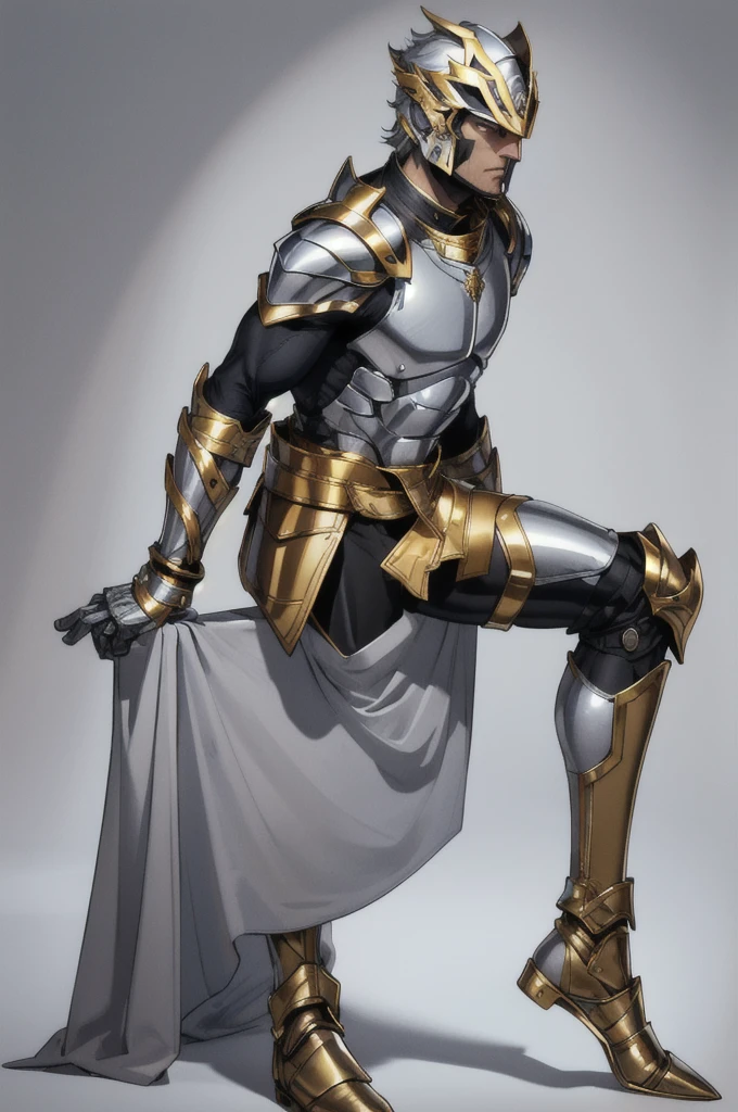 A man wearing silver-colored armor, wearing a silver-colored helmet with a black visor, with a pair of golden bracelets, wearing metallic pants with golden knee pads, golden boots