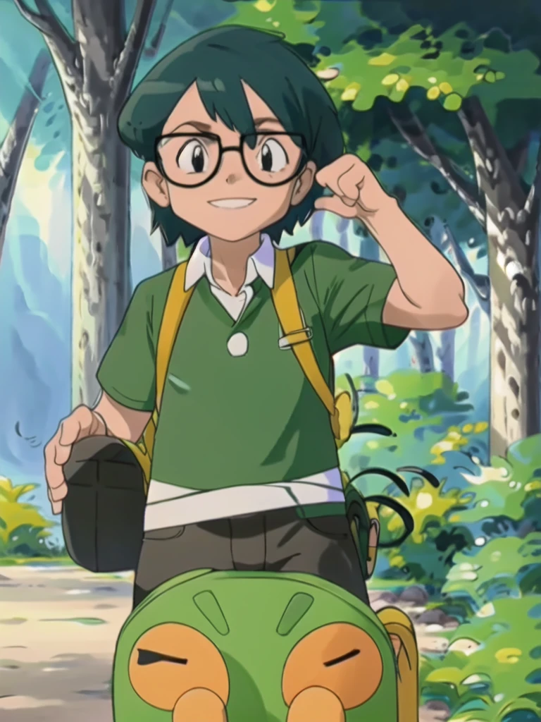 Max, solo, looking at viewer, shirt, 1boy, upper body, short sleeves, male focus, outdoors, teeth, collared shirt, bag, tree, backpack, , black-framed eyewear, green shirt, male childt,smile