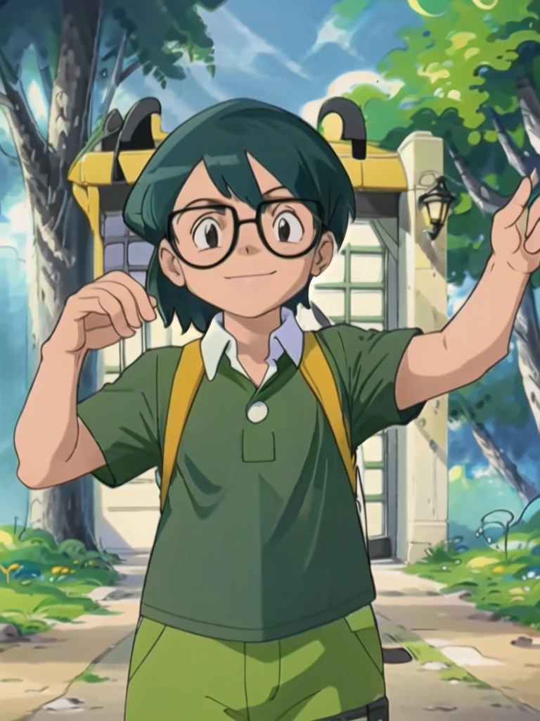 Max, solo, looking at viewer, shirt, 1boy, upper body, short sleeves, male focus, outdoors, teeth, collared shirt, bag, tree, backpack, , black-framed eyewear, green shirt, male childt,smile
