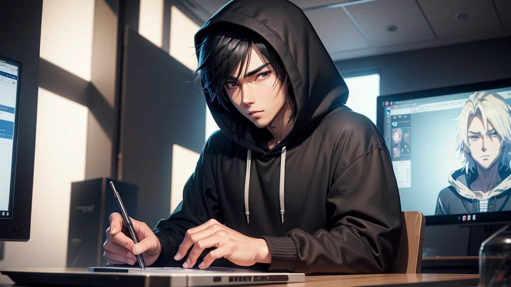 anime guy in black hoodie sitting at a desk with a laptop, handsome anime pose, anime lush john 8k woods, realistic anime artstyle, young anime man, high quality anime artstyle, anime style 4 k, anime handsome man, realistic artstyle, in an anime style, 