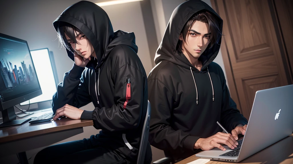 anime guy in black hoodie sitting at a desk with a laptop, handsome anime pose, anime lush john 8k woods, realistic anime artstyle, young anime man, high quality anime artstyle, anime style 4 k, anime handsome man, realistic artstyle, in an anime style, 