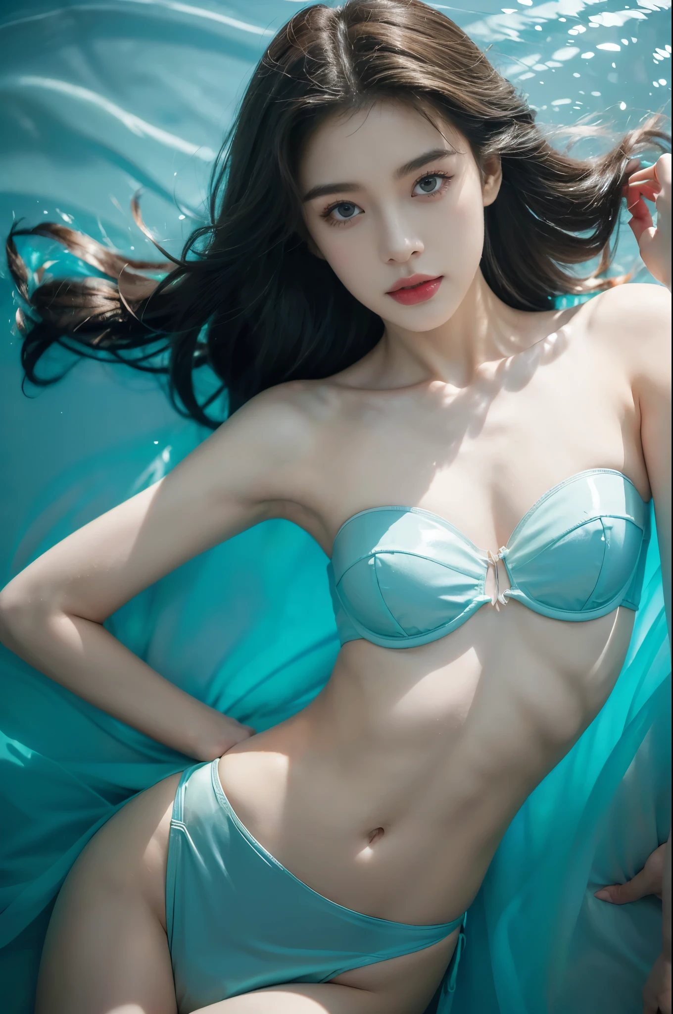 (((best quality))),(((ultra detailed))),(((masterpiece))),illustration,(1 beautiful girl,shark girl,solo),((slim,thin,small breasts,flat chest)),aquarium,summer night,(sleek strapless bra:1.3),shimmering hues,enchanting aura,(shoulder length straight bob hair:1.2),ocean-blue locks,shiny seaweed,porcelain skin,neon lights,emerald eyes,sharp gaze,delicate shark fin,translucent membrane,dancing fish,vibrant colors,undulating water,salty scent,distant waves,coral reef,gentle shadows,serene ambiance,electric atmosphere,Alezandra,oceanic magic,allure,enchantment,vision,extraordinary presence,((from front,close-up of face))