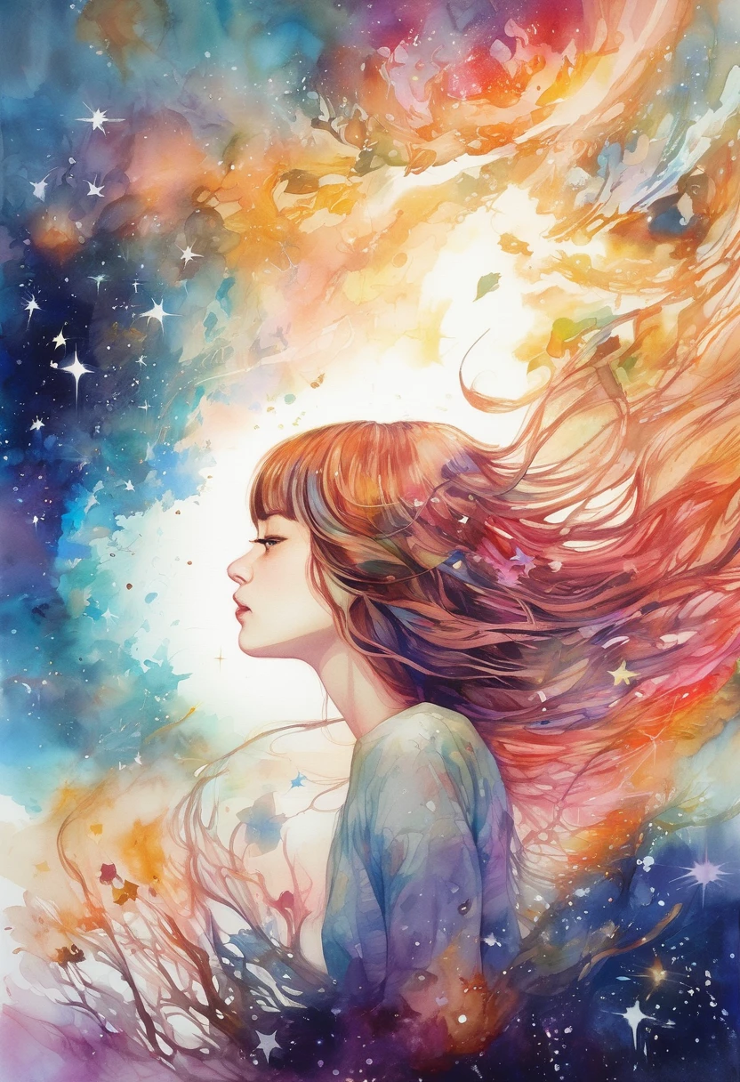 Girl singing a song、Rock band vocals、Girl flying in space、Starry Skyを飛ぶ少女、Beautiful face girl、color々なcolorの星の光、diego gisbert lawrence、Joe San Gonzalez Dan Mumford、Picture book illustrations、Psychedelic Art、Starry Sky、nebula、vague、superwide shot、Highest quality、Ultra-detailed、Intensive、Golden ratio composition、Kanna Hashimoto、Watercolor、
