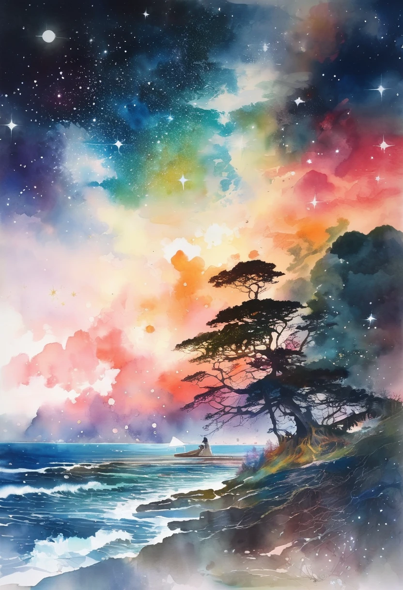 Girl singing a song、Rock band vocals、Girl flying in space、Starry Skyを飛ぶ少女、Beautiful face girl、color々なcolorの星の光、diego gisbert lawrence、Joe San Gonzalez Dan Mumford、Picture book illustrations、Psychedelic Art、Starry Sky、nebula、vague、superwide shot、Highest quality、Ultra-detailed、Intensive、Golden ratio composition、Kanna Hashimoto、Watercolor、