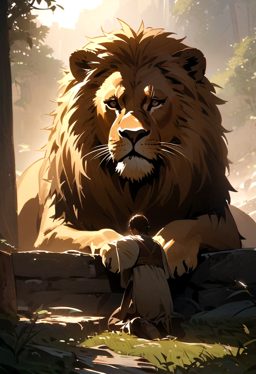 Image of a man kneeling in prayer with a lion sitting in front of him, plein-air, Demonstrating Your Devotion to God