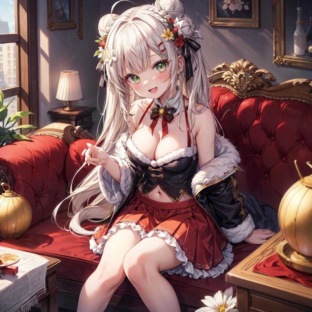 ((Highest quality)), ((masterpiece)), (detailed), the girl in a santa costume is sitting on the floor with all of her ornaments, 1girl, breasts, Virtual Youtuber, black ribbon, 独奏, long hair, hair bun, green eyes, cleavage, ribbon, sitting, double bun, navel, looking at viewer, smile, hair ornament, open mouth, ahoge, skirt, bell, hair flower, flower, red skirt