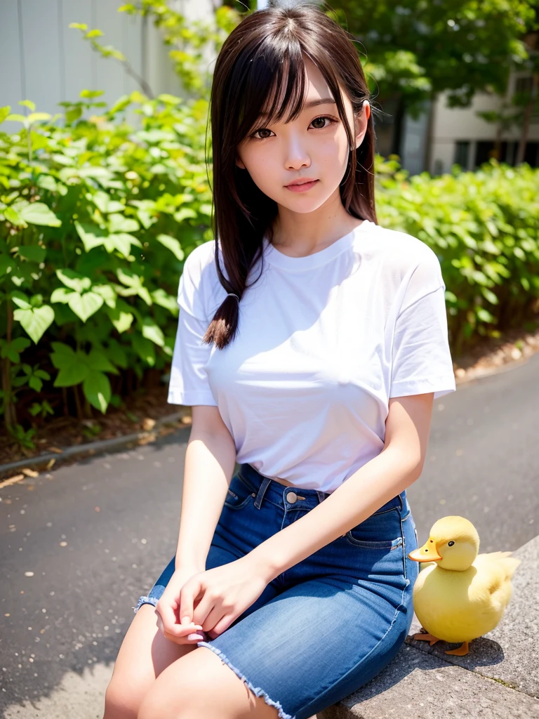 uniform. Sitting on a triangle, full body .See-through. top-quality、超A high resolution、(Photorealsitic:1.4)、8K resolution、1 girl、(Random hair:1.3)、(Realistic hair:1.2)、(japanesgirl:1)、(realisticeyes:1.2)、(Beautiful face: 1.3)、Slim body、White glowing skin、large full breasts、cleavage of the breast、(duck face:1.2)、(Middle corner:1.3)、(White T-shirt and short jeans)、(selfee:1.3)