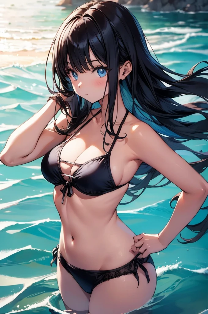 (masterpiece:1.3), (best quality:1.1), (8k, ultra detailed, ultra high res:1.2), ((anime style)), perfect 5 fingers, perfect anatomy, standard body, 
1girl,
BREAK long hair,  
black hair, 
blue eyes, 
(medium breasts:0.9), 
looking at viewer, upper body, 
BREAK standing, bikini,
perfect light, 
(detailed background:1.2), outdoors, outside, sea, summer, beach, 