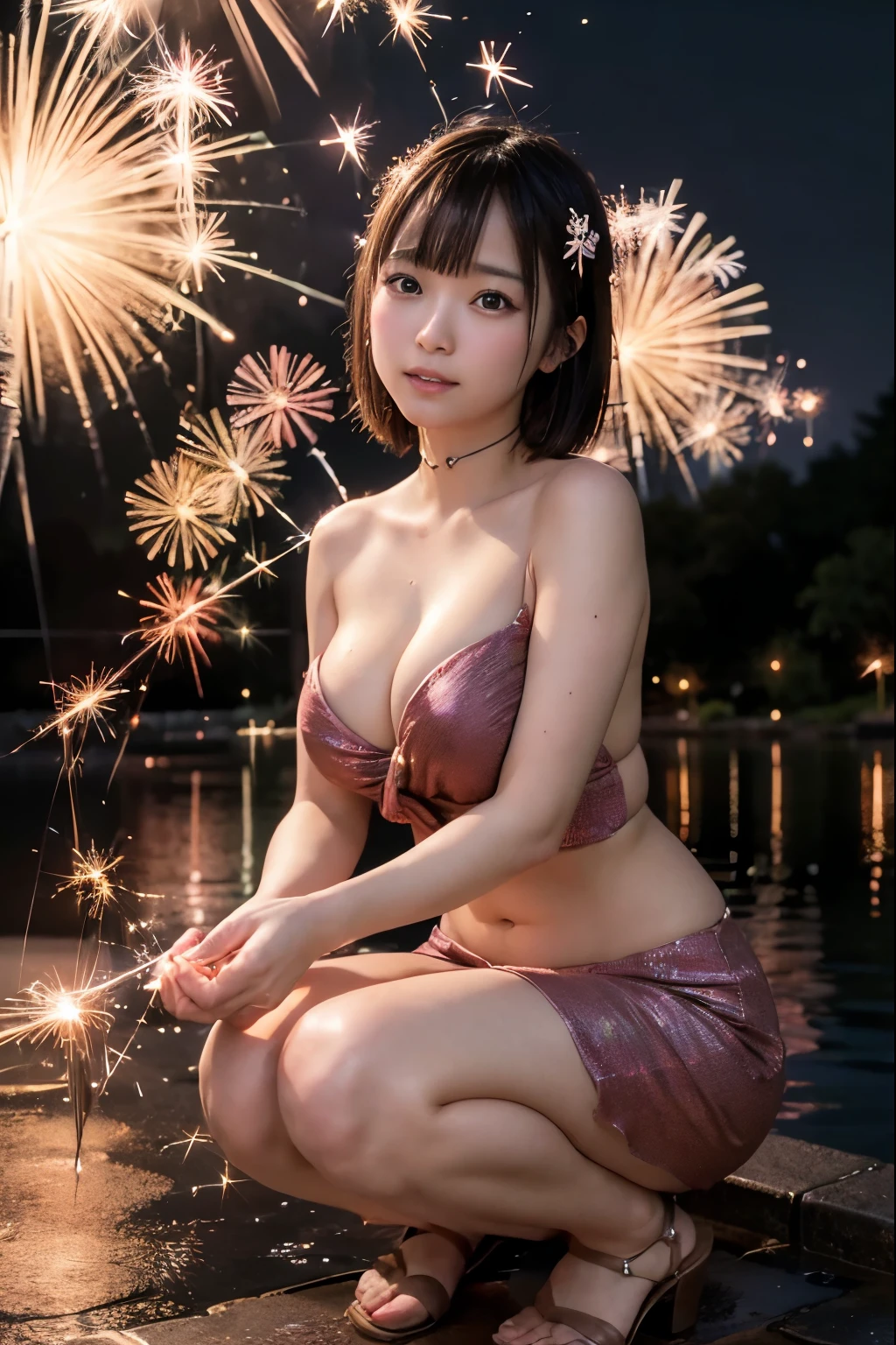 Perfectly Anatomically Correct:1.0, 5 Beautiful finger:1.6, 
1 Japanese Girl, Very Short Hair Bun:1.2, Wide-Set Eyes, Very White Skinned, Blush, Bashfully, -Yeld, O Mouse Slightly, 
Cute Eyes, Brown Hair, Wet Hair, Light Smiling, Cheerful, 
(Turning Japanese Sparklers Below Within Reached Arm:1.6), 
Squatting, Yukata, Kimono, Japanese Clothes, 
Non-Nipple:1.2, 
Looking Up Viewer:1.2, 
Riverside Park, Water Reflection, 
 BREAK 
8K, RAW Photo, Best Quality, Masterpiece, Realistic, PhotoRealistic, Extremely Detailed 8K Wallpaper, Beautifully Detailed Eyes, Finely Detailed Face, POV Shot, 
 BREAK 
High-Key Lighting, Professional Lighting, Bokeh:1.4