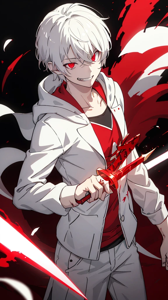 a boy, white short hair, reflective red glowing eyes, unleashing blood, holding a dagger, q shaped dagger, bloodied clothes, battle grin, modern clothing, hoodie, wounded,