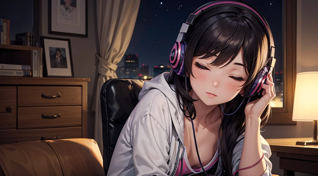 Girl with headphones enjoying music in a home I am studying Emphasize a little bit of the big chest Looking towards me with eyes closed Night Background