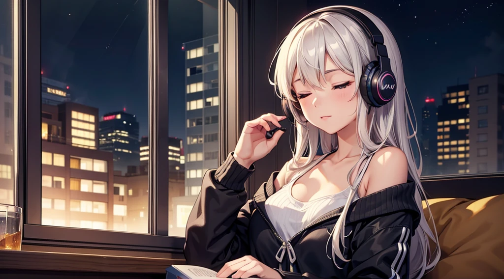 Girl with headphones enjoying music in a home I am studying Emphasize a little bit of the big chest Looking towards me with eyes closed Night Background