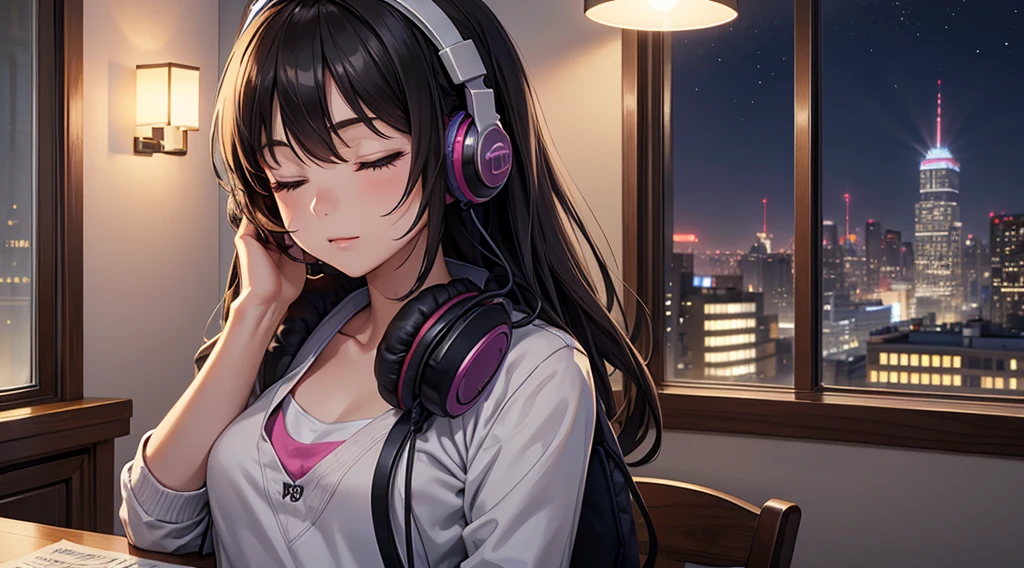 Girl with headphones enjoying music in a home I am studying Emphasize a little bit of the big chest Looking towards me with eyes closed Night Background