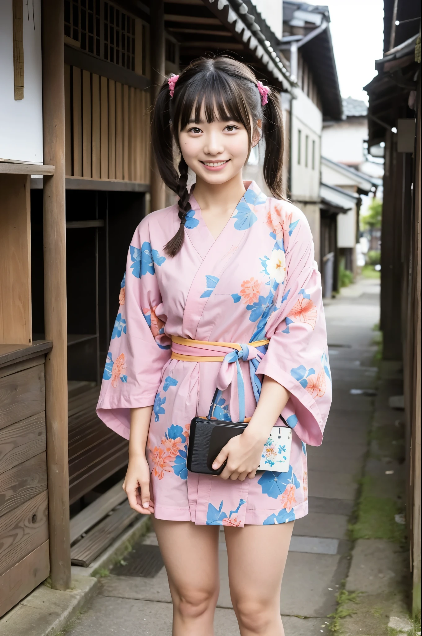 girl in old-Japanese town on school trips,long-sleeved floral yukata,18-year-old,bangs,a little smile,thighs,knees,short hair with low pigtails bunches,from below,front light