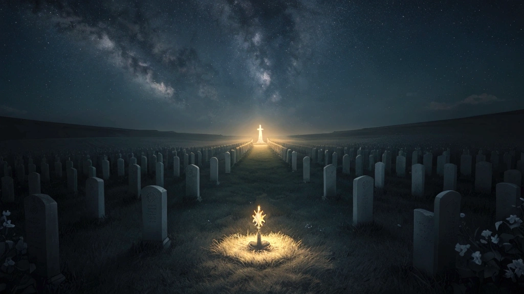 "Description: Create a visual narrative that reflects the journey through biblical teachings on the afterlife, from contemplation of death to the realms of Heaven and Hell, and the transformative hope of resurrection.
Details: Start with a somber depiction of death, perhaps a serene graveyard scene or a peaceful resting place. Transition into vibrant depictions of Heaven and its celestial beauty, using vivid colors and light to symbolize peace and joy. Contrast this with darker, ominous tones for Hell, incorporating flames and shadows to illustrate the concept of eternal separation. End with a bright and hopeful image of resurrection, showing figures rising from graves or ascending towards light, conveying the promise of eternal life and transformation."