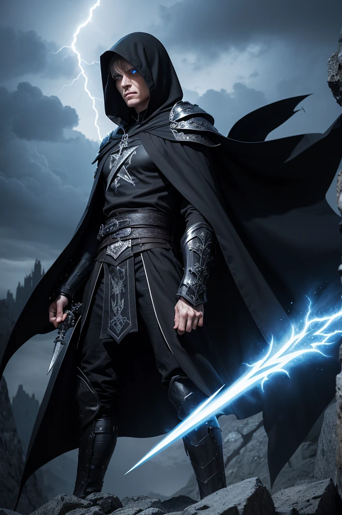 An adult male character wearing a hooded cloak and gothic armor with black trim, face with serious expression, straight white hair, sword attached to waist, a remarkable beauty, Magnificent, blue eye color, magnificent clouds, Clothes under armor in black, arms crossed in an imposing pose on top of a high rock, Black Gothic Clothing Cape, glyphs on clothing, arcane markings on armor, tattoos and dark sky with lightning
