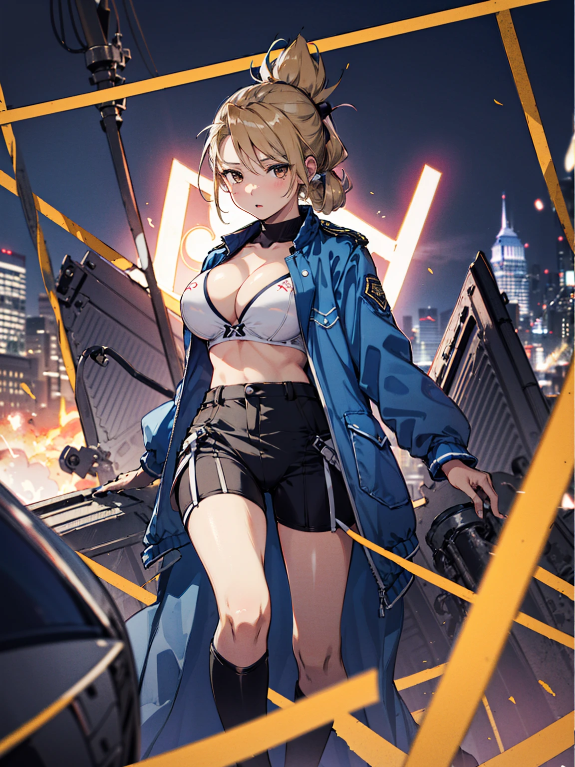masterpiece, Highest quality, High resolution, One girl, (Blue jacketの下にBlack innerwearを着ている), Folded ponytail, Brown eyes, , uniform, Blue jacket, Blue pants, ,Big Breasts, Black innerwear, (