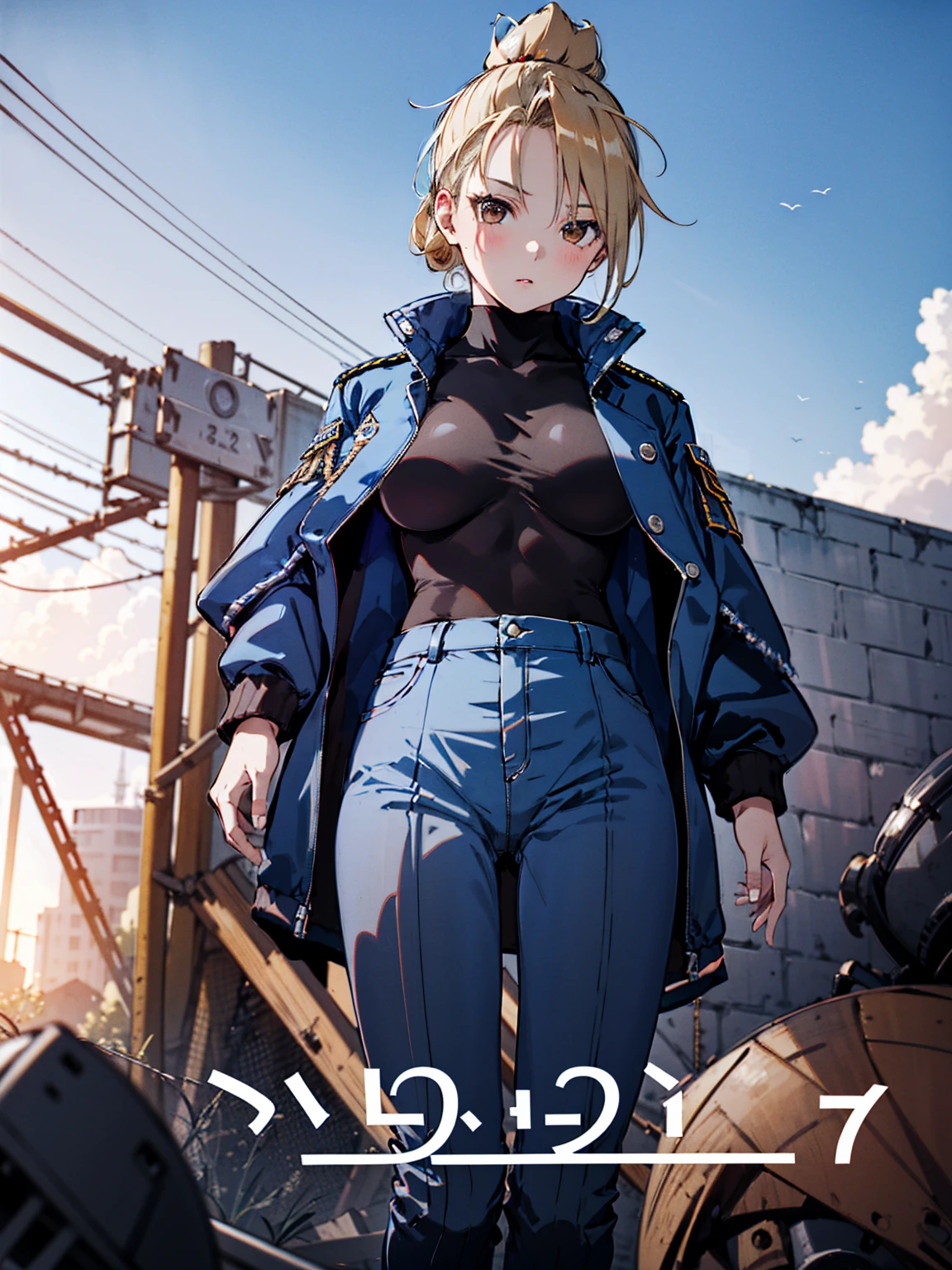 masterpiece, Highest quality, High resolution, One girl, (Blue jacketの下にBlack innerwearを着ている), Folded ponytail, Brown eyes, , uniform, Blue jacket, Blue pants, ,Big Breasts, Black innerwear, (