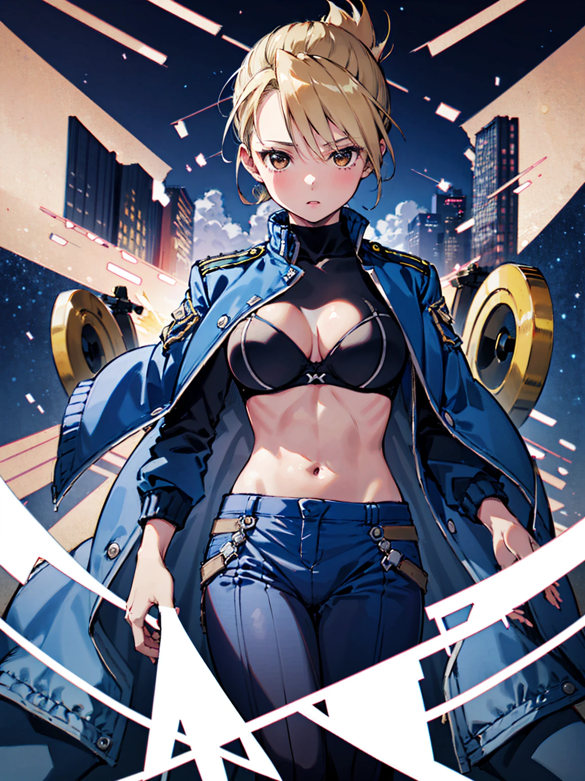 masterpiece, Highest quality, High resolution, One girl, (Blue jacketの下にBlack innerwearを着ている), Folded ponytail, Brown eyes, , uniform, Blue jacket, Blue pants, ,Big Breasts, Black innerwear, (