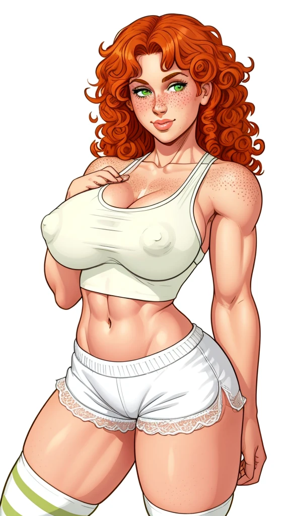 Lacy Lemon, pretty woman, curly ginger hair, midriff, white cloth hotpants,tank top, short shorts, freckles, large breasts, rubenesque, thigh high striped socks, far shot, covered nipples, green eyes, white background, blank background