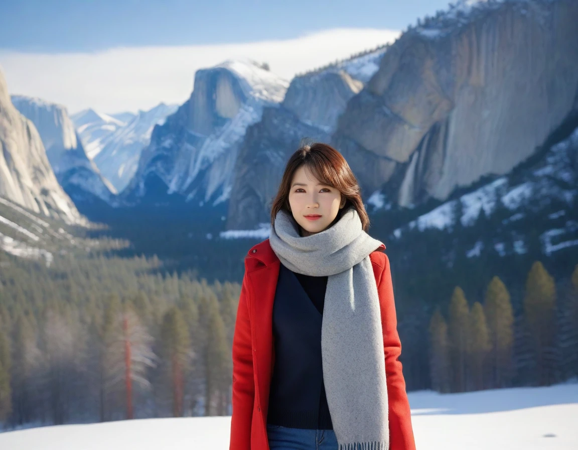 k Best picture quality, Beautiful 36-year-old Korean woman, short and good weather. Chest size 34 inches, Yosemite National Park covered in snow, USA , Red sunrise scene, smother, Picture quality that makes the background vivid and realistic, Short and medium hair blowing in the wind, I wore a thick winter coat, a thick scarf, and jeans., Faint smile. The background is clear, Short and slim Korean woman, Standing in the distance, photographed with a wide-angle lens, full body shot