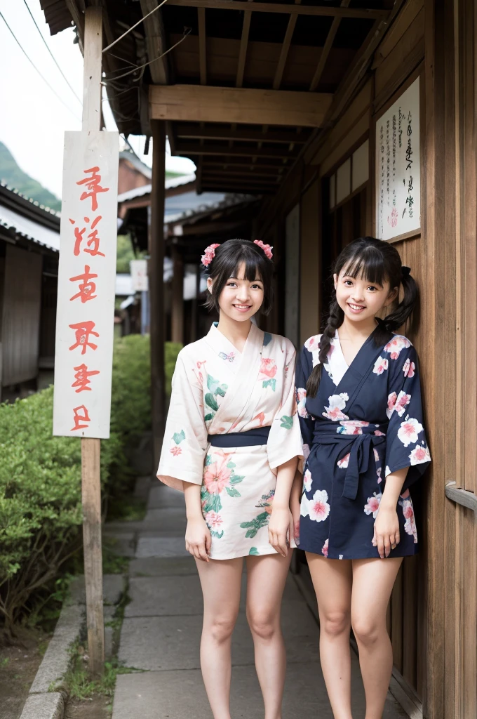 2 girls in old-Japanese town on school trips,long-sleeved floral yukata,18-year-old,bangs,a little smile,thighs,knees,short hair with low pigtails bunches,from below,front light