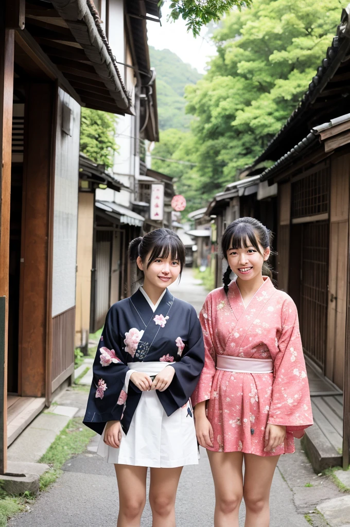 2 girls in old-Japanese town on school trips,long-sleeved floral yukata,18-year-old,bangs,a little smile,thighs,knees,short hair with low pigtails bunches,from below,front light