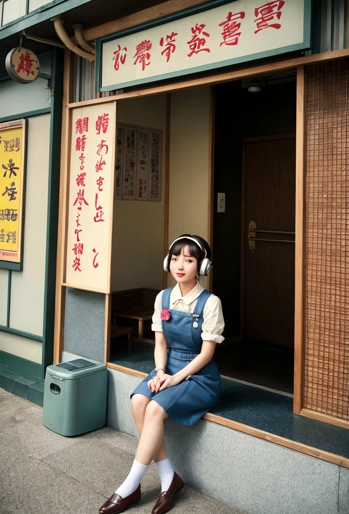 a girl sitting in front of a building reminiscent of the Showa era. She is listening to music with headphones on, relaxed and immersed in the tunes. The building has retro architecture, with old-fashioned signage and details that evoke a nostalgic atmosphere. The girl is dressed in vintage clothing, adding to the retro vibe. The overall scene is warm and nostalgic, capturing the essence of the Showa era.