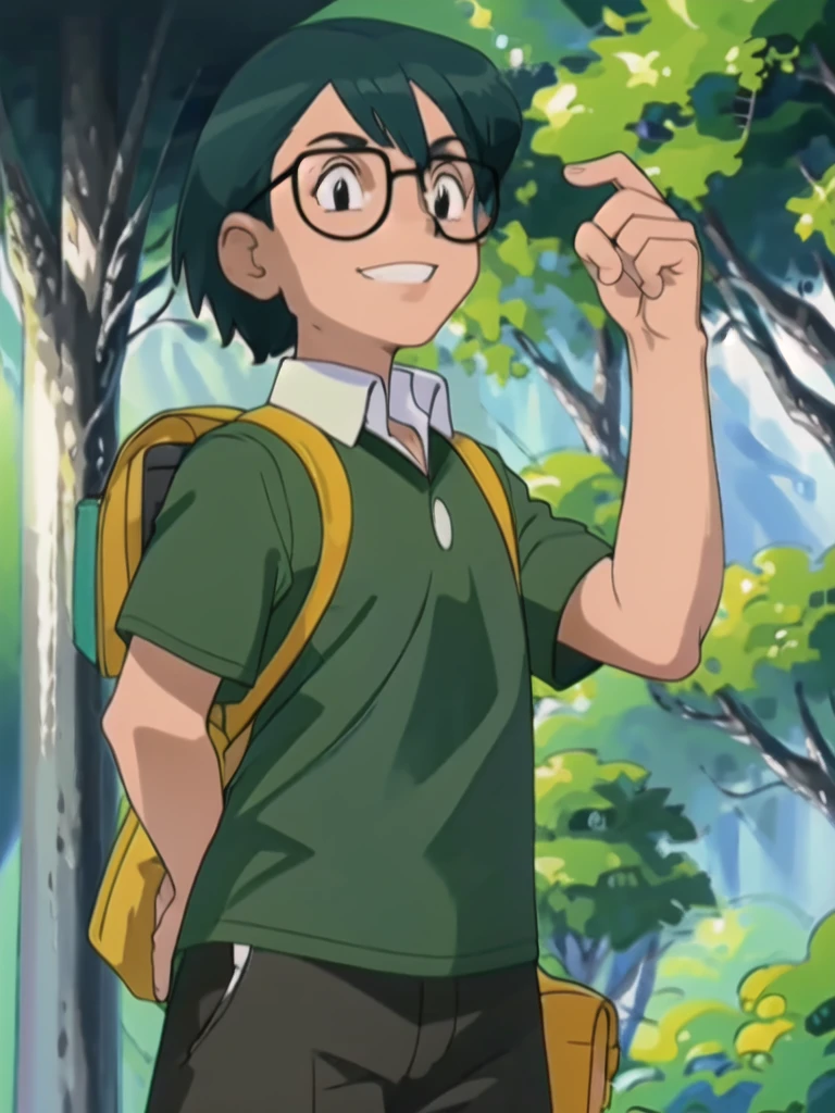 Max, solo, looking at viewer, shirt, 1boy, upper body, short sleeves, male focus, outdoors, teeth, collared shirt, bag, tree, backpack, , black-framed eyewear, green shirt, male childt,smile