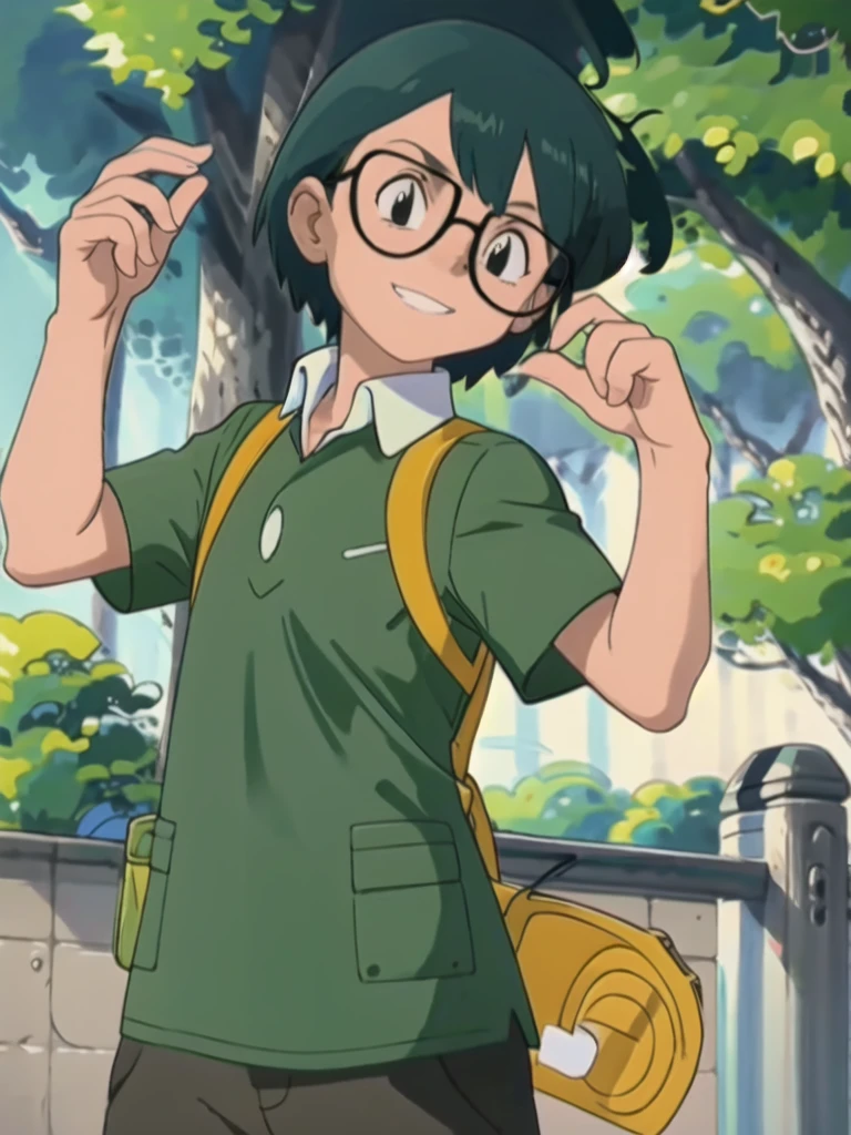 Max, solo, looking at viewer, shirt, 1boy, upper body, short sleeves, male focus, outdoors, teeth, collared shirt, bag, tree, backpack, , black-framed eyewear, green shirt, male childt,smile
