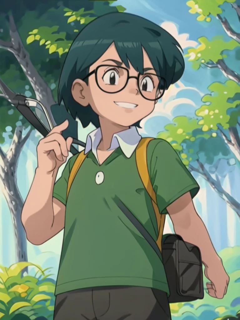 Max, solo, looking at viewer, shirt, 1boy, upper body, short sleeves, male focus, outdoors, teeth, collared shirt, bag, tree, backpack, , black-framed eyewear, green shirt, male childt,smile