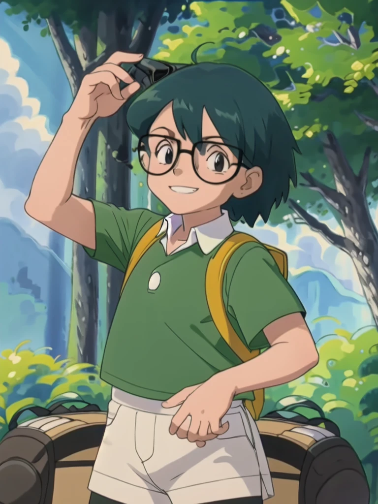 Max, solo, looking at viewer, shirt, 1boy, upper body, short sleeves, male focus, outdoors, teeth, collared shirt, bag, tree, backpack, , black-framed eyewear, green shirt, male childt,smile