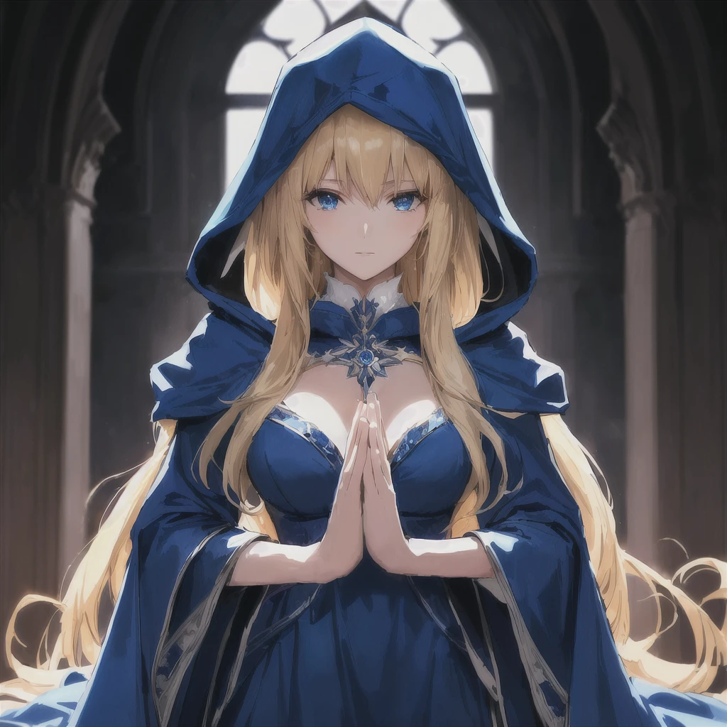 Anime-style image of a woman in a blue dress with a hood, Artoria Pendragon, anime style like destiny/Stay Night, destiny grand order, blonde anime girl with long hair, dressed in a Blue Cape, Blue Cape, Beautiful Witch, destiny / Stay Night, Anime Goddess, portrait of a Female Wizard, Female Wizard!