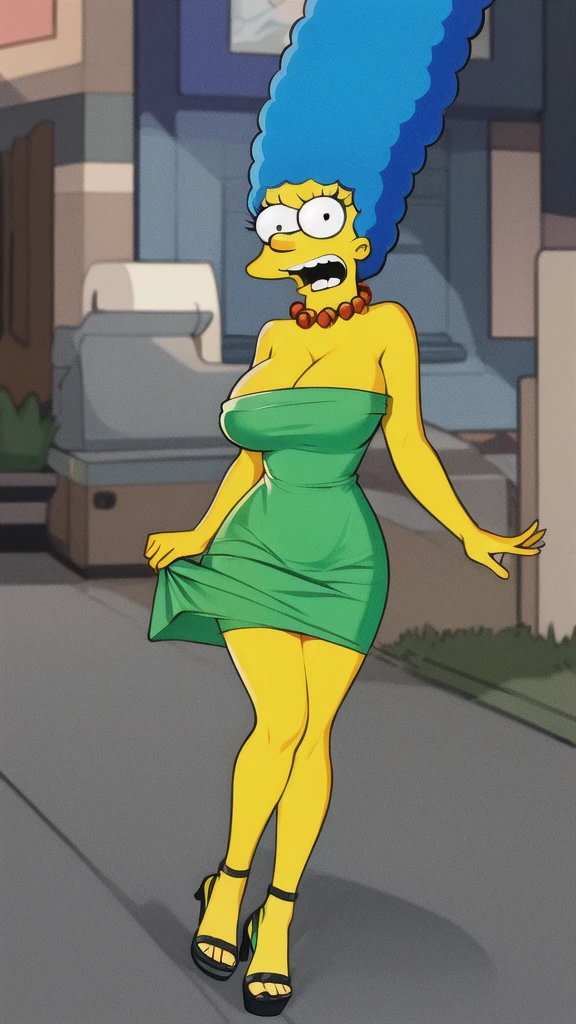 marge simpson, blue hair, red necklace, extra large breasts, cleavage, colored skin, yellow skin, green small dress, angry, open-toe platform high heels, visible feet,  upskirt
