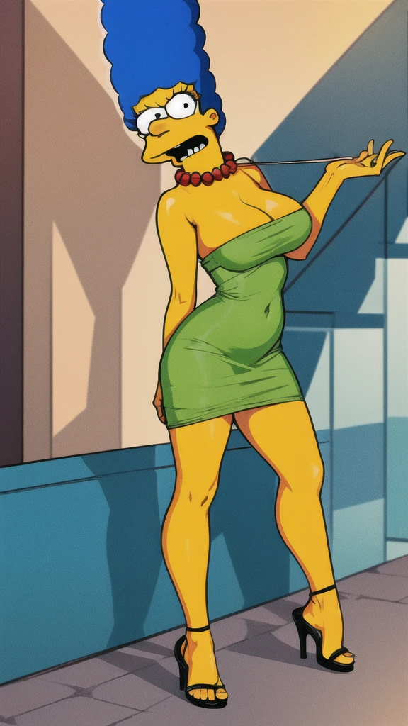 marge simpson, blue hair, red necklace, extra large breasts, cleavage, colored skin, yellow skin, green dress, angry, open-toe platform high heels, visible feet, upskirt