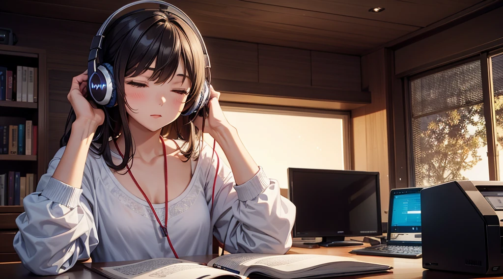 Girl with headphones enjoying music in a home　I am studying　Emphasize a little bit of the big chest　Looking towards me with eyes closed　Night Background