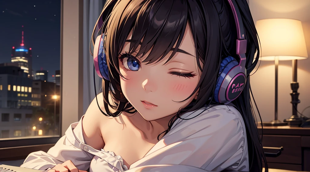 (best quality), ((masterpiece)), (highres), illustration, original, extremely detailed,1girl, headphones, sweat, medium breast, shy, detailed hand, looking at viewer, lips apart, dynamic shadows