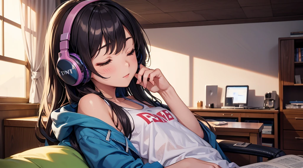 Girl with headphones enjoying music in a home　I am studying　Emphasize a little bit of the big chest　Looking towards me with eyes closed　Night Background