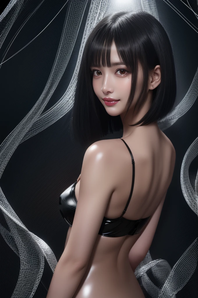 Realistic、(masterpiece、Highest quality、Highest quality、Official Art、Beautiful and aesthetic:1.2)、Very detailed、woman，people々turn black:1.2，((Backlighting:1.2))，Fractal Art、colorful、Highest detail、Tangled、(Abstract background:1.5)Silver Hair、Bright Eyeasseter muscle area，High definition，1peopleの少女、Idol、Close-up、clavicle、picture、movie、Depth of written boundary、smile、Modeled、Short Bob Hair，View your viewers、Cleavage，((latex camisole:1.4))，Puffy eyes，Sit on