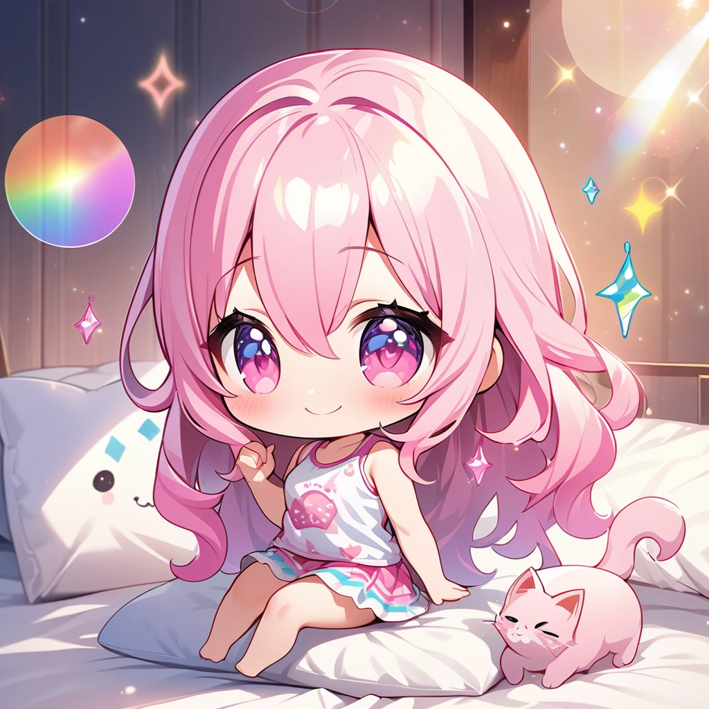 masterpiece, best quality, 4k、2D Illustration、one beautiful girl、solo、(((chibi style)))、((vivid colors))、cute chibi、lovely chibi、long beautiful hair, glossy pink hair, hair between eyes, cute、beautifully detailed eyes、((tank top))、((miniskirt))、(colorful))、((happy smile))、sitting on bed、((full body shot))、((kitten))、((lots of pink stuff around.))、((bed))、sparkle、((lens flare))、