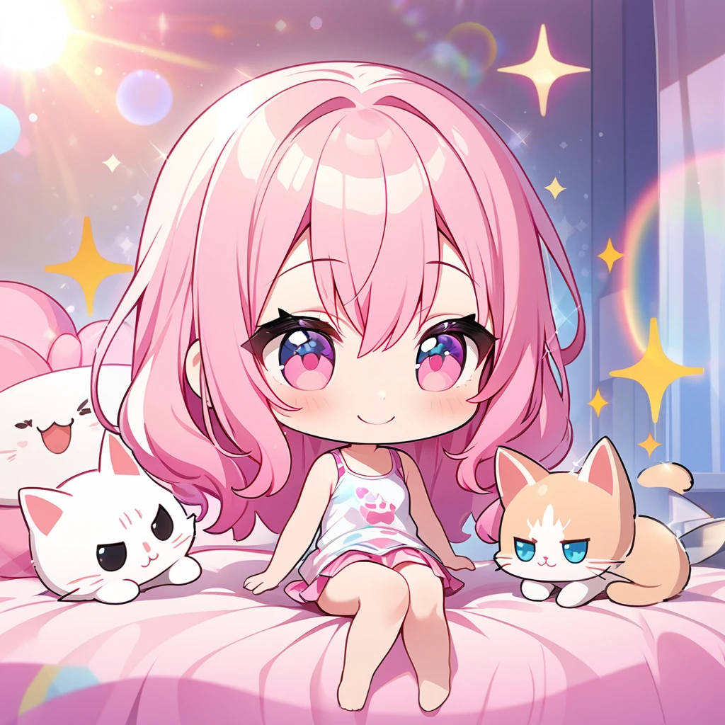 masterpiece, best quality, 4k、2D Illustration、one beautiful girl、solo、(((chibi style)))、((vivid colors))、cute chibi、lovely chibi、long beautiful hair, glossy pink hair, hair between eyes, cute、beautifully detailed eyes、((tank top))、((miniskirt))、(colorful))、((happy smile))、sitting on bed、((full body shot))、((kitten))、((lots of pink stuff around.))、((bed))、sparkle、((lens flare))、