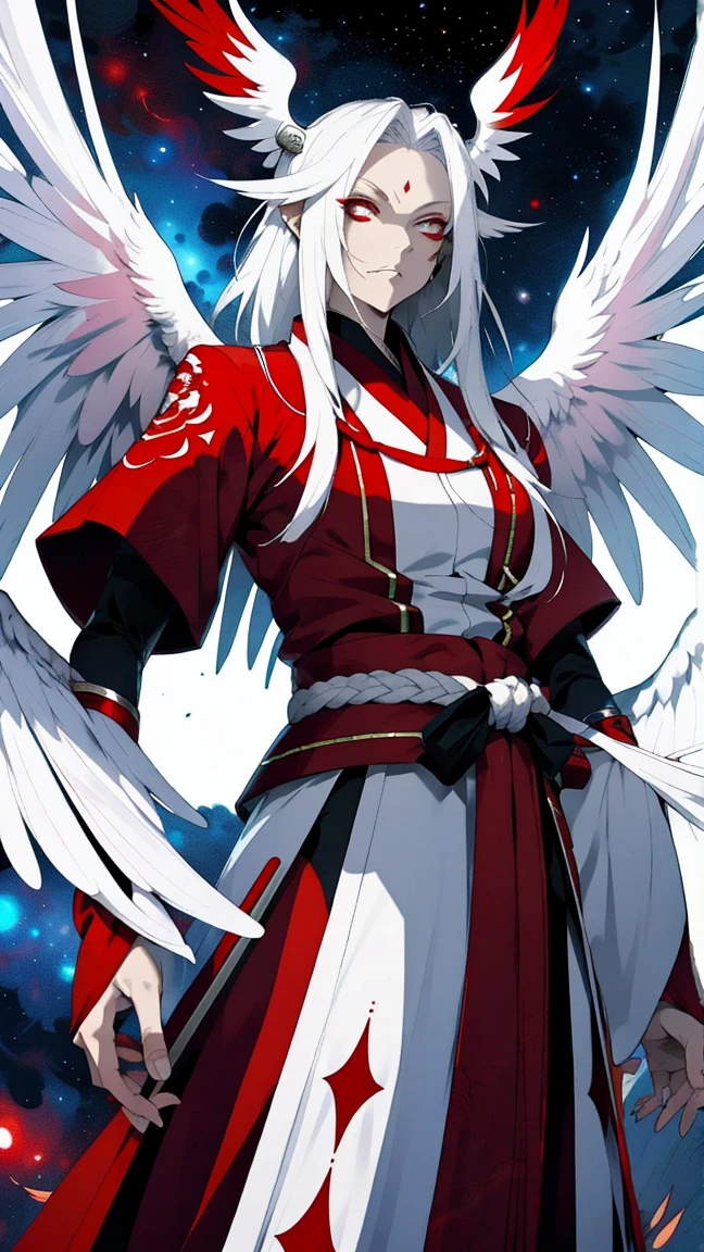 An intimidating and terrifying space tengu, height is 3 meters, The skin is red and hot, Long white hair, Angelic white wings, Dressed in monk&#39;s robes, top-heavy, Aggressive and ruthless.