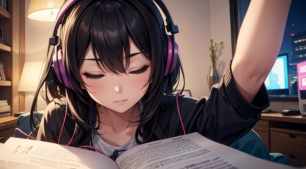 Girl with headphones enjoying music in a home I am studying Emphasize a little bit of the big chest Looking towards me with eyes closed Night Background