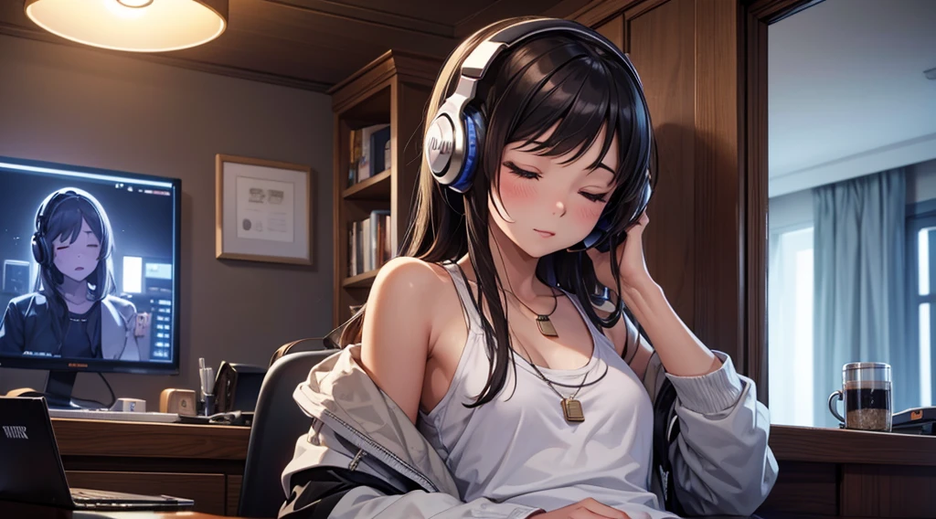 Girl with headphones enjoying music in a home　I am studying　Emphasize a little bit of the big chest　Looking towards me with eyes closed　Night Background