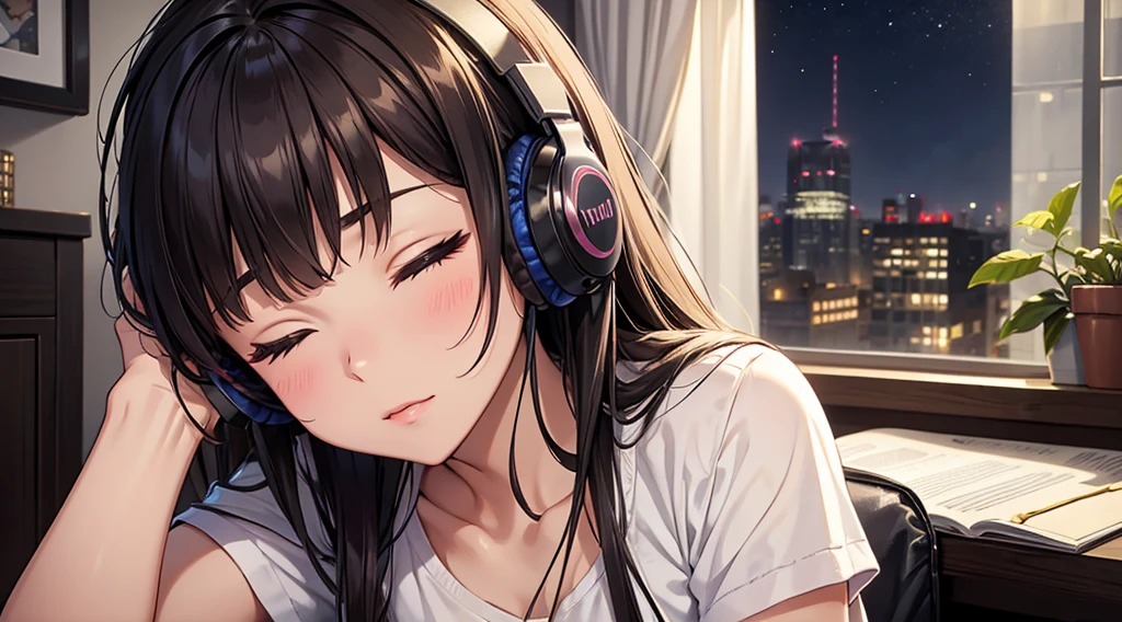 Girl with headphones enjoying music in a home I am studying Emphasize a little bit of the big chest Looking towards me with eyes closed Night Background