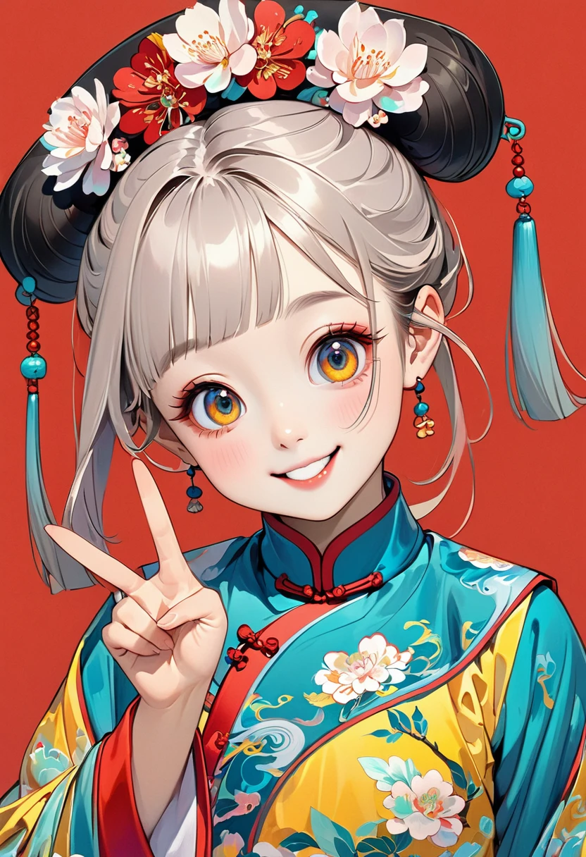 Fine brushwork,Thick coating of the board,Colored pencils,Procreate board drawing beautiful digital art,Clean lines,Beautiful Chinese Qing Dynasty little girl,Big bright eyes,Exquisite facial features,Smile,happy,Qing Dynasty Clothing,(((V gesture))).Bright colors,High Saturation,Red background