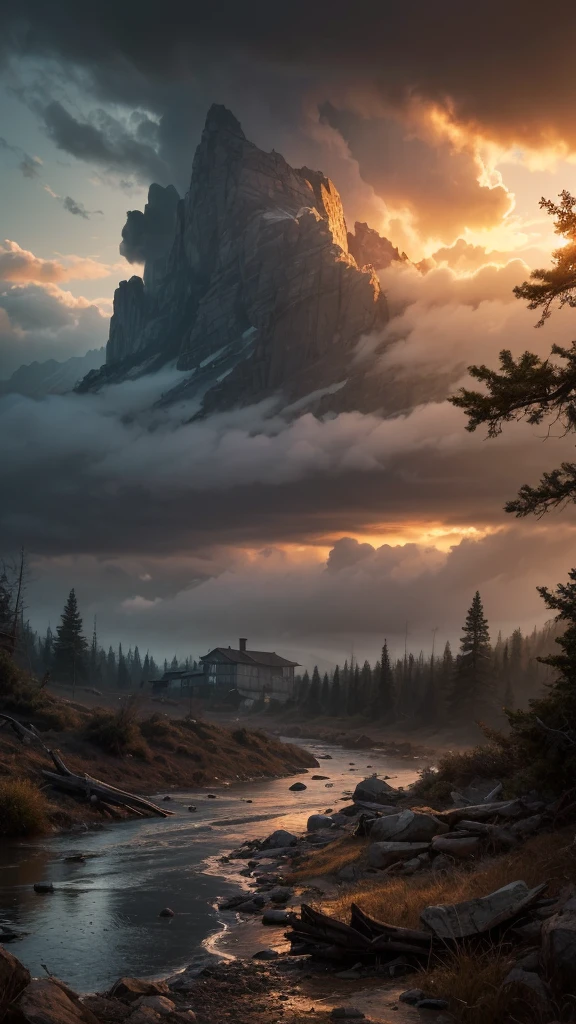 masterpiece, best quality, highly detailed, best quality, UHD, 8k, wallpaper, cinematic, Post-apocalyptic, 5K night landscape, rain, wilderness, dramatic clouds, beautiful colours, scene design, light coronas, light and shadow, cinematic lighting, sharp image, intricate details