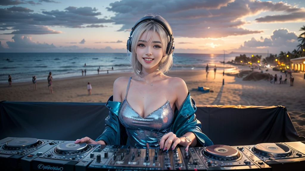 (ultra - detailed, 16K resolution, Cinema lenses, rendering by octane), (high resolution:1.18), intricate detail, (masterpiece:1.1), (highest quality:1.1), (1girl, portrait, white hair, blue eyes, short hair, detailed eyes),Wearing silver DJ headphones, Shiny silver sequined T-shirt, (on the beach:1.5), (Iconic hip-hop pop costumes:1.3), Smile while DJing on stage, A stylish DJ stage on a hill overlooking the coast, full body shot, Photorealistic photography by Sunshine, (cute round face:1.3), perfect fingers, five fingers, beautiful hands, perfect hands. master peace, cute smile.