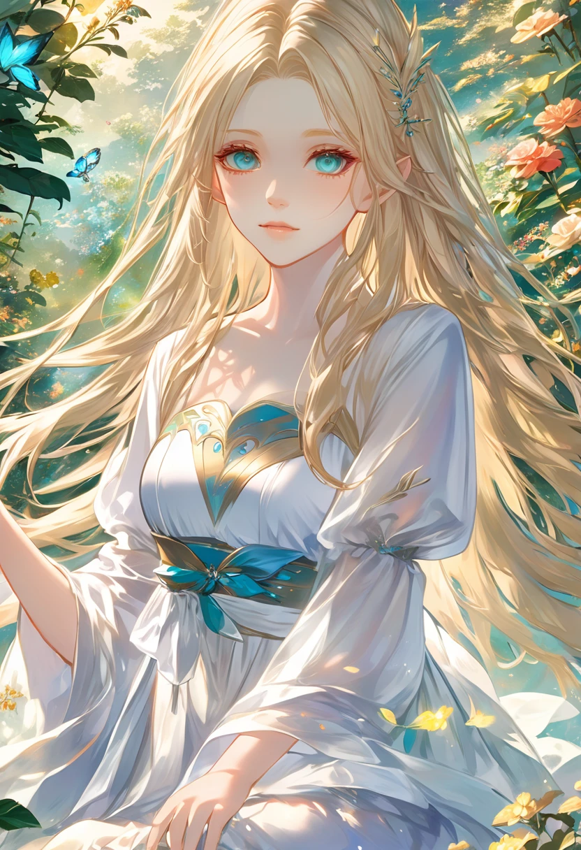 ((Highest quality)), ((masterpiece)), (detailed), ((Perfect Face)),euphilia,A beautiful anime girl with long blonde hair and dark turquoise eyes, wearing a white dress.In an enchanted garden, Picking flowers, Morning, Lush, Wide shot, Dappled sunlight, Character's actions, soft, Whimsical, anime style, attractive anime, pixiv fan art