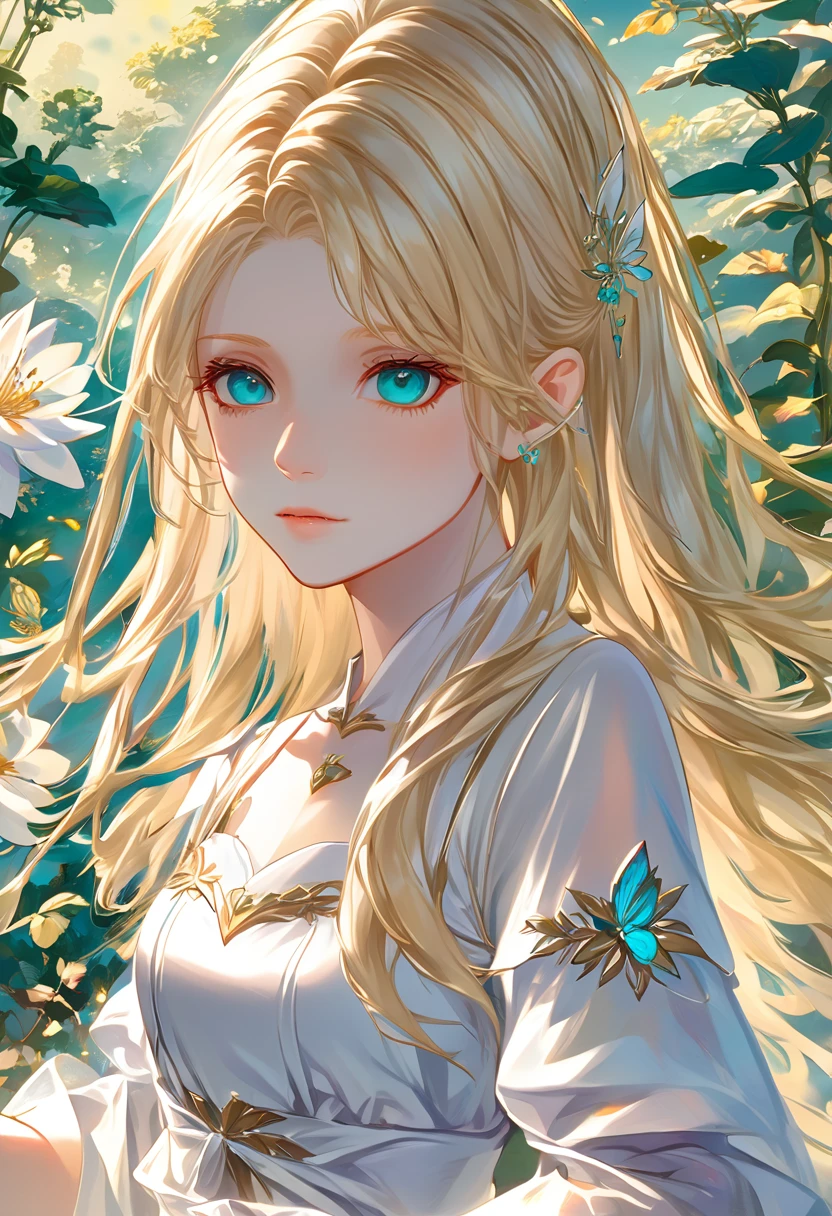 ((Highest quality)), ((masterpiece)), (detailed), ((Perfect Face)),euphilia,A beautiful anime girl with long blonde hair and dark turquoise eyes, wearing a white dress.In an enchanted garden, Picking flowers, Morning, Lush, Wide shot, Dappled sunlight, Character's actions, soft, Whimsical, anime style, attractive anime, pixiv fan art